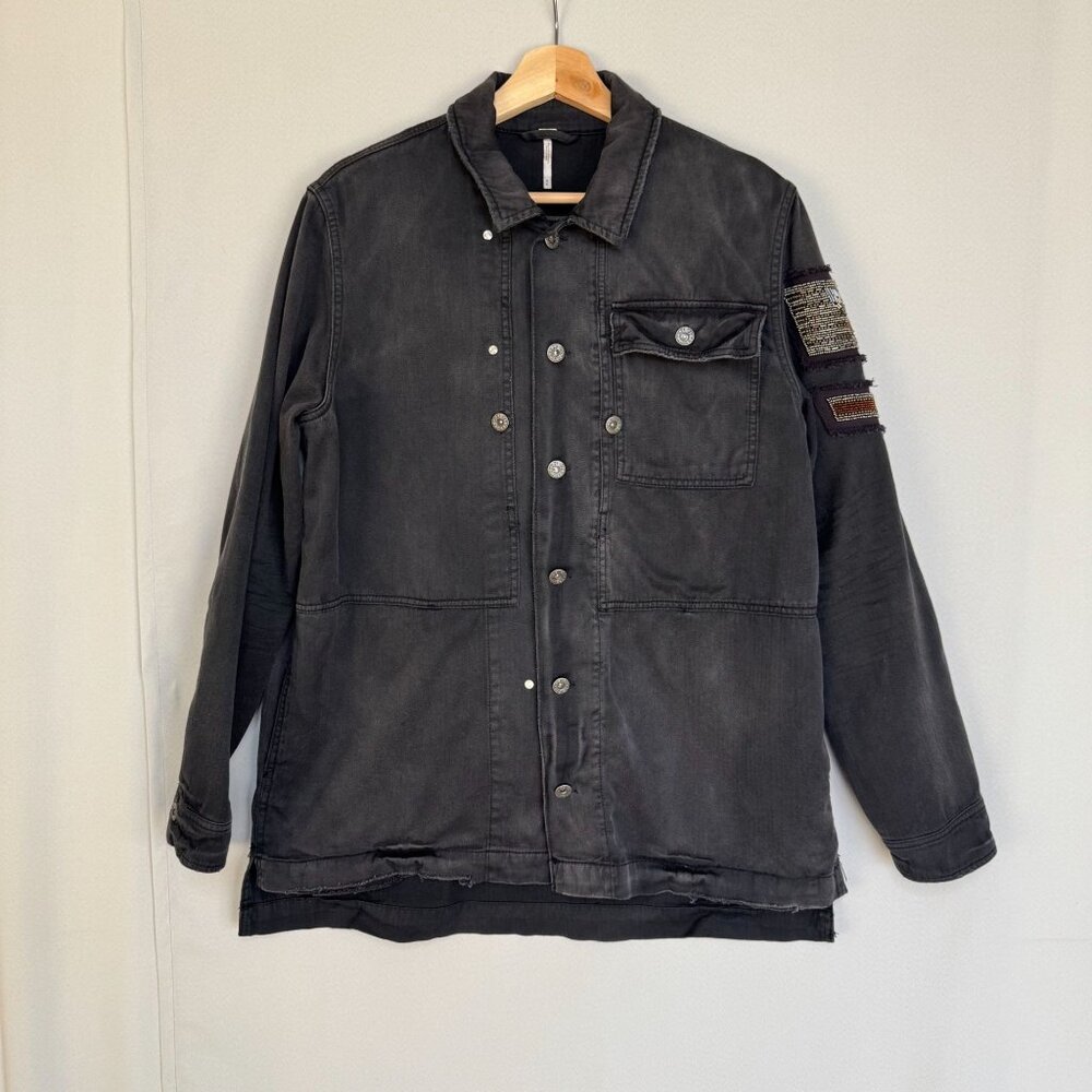 Free People Black Cotton Eagle Beaded Embellished Military Shirt Jacket Medium